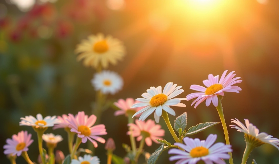 Serene natural setting with blooming flowers and gentle sunlight, symbolizing harmony and growth