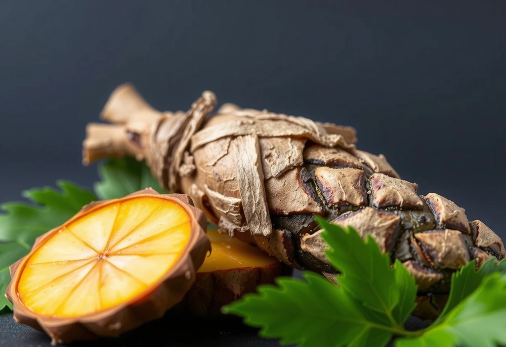 Close-up of vibrant green maca root