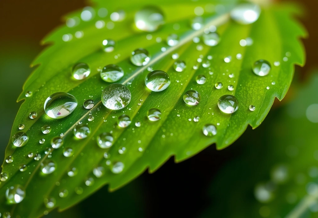 Macro shot of a dewy leaf with water droplets
