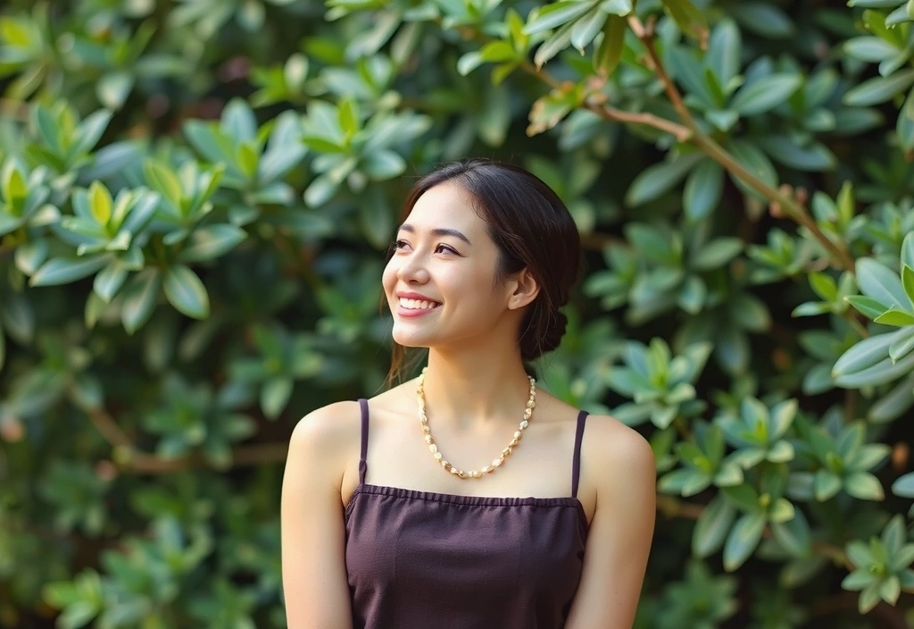 Woman enjoying natural skincare with lush green background representing purity and ethics