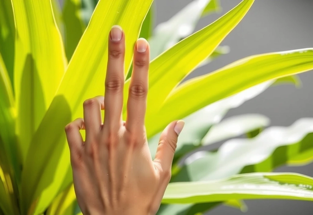 Woman's hand gently touching a plant, symbolizing natural purity and care in skincare
